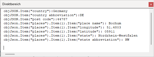 Ausgabe von GetJSONDOM im Direktbereich des VBA-Editors
