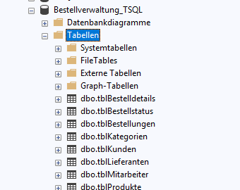 Die Tabellen der Datenbank Bestellverwaltung_TSQL im Objekt-Explorer von SSMS
