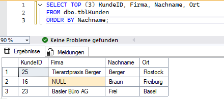 Das erste SELECT im Abfragefenster von SSMS, darunter das Ergebnis