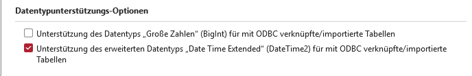 Die Option f&uuml;r datetime2 in den Access-Optionen